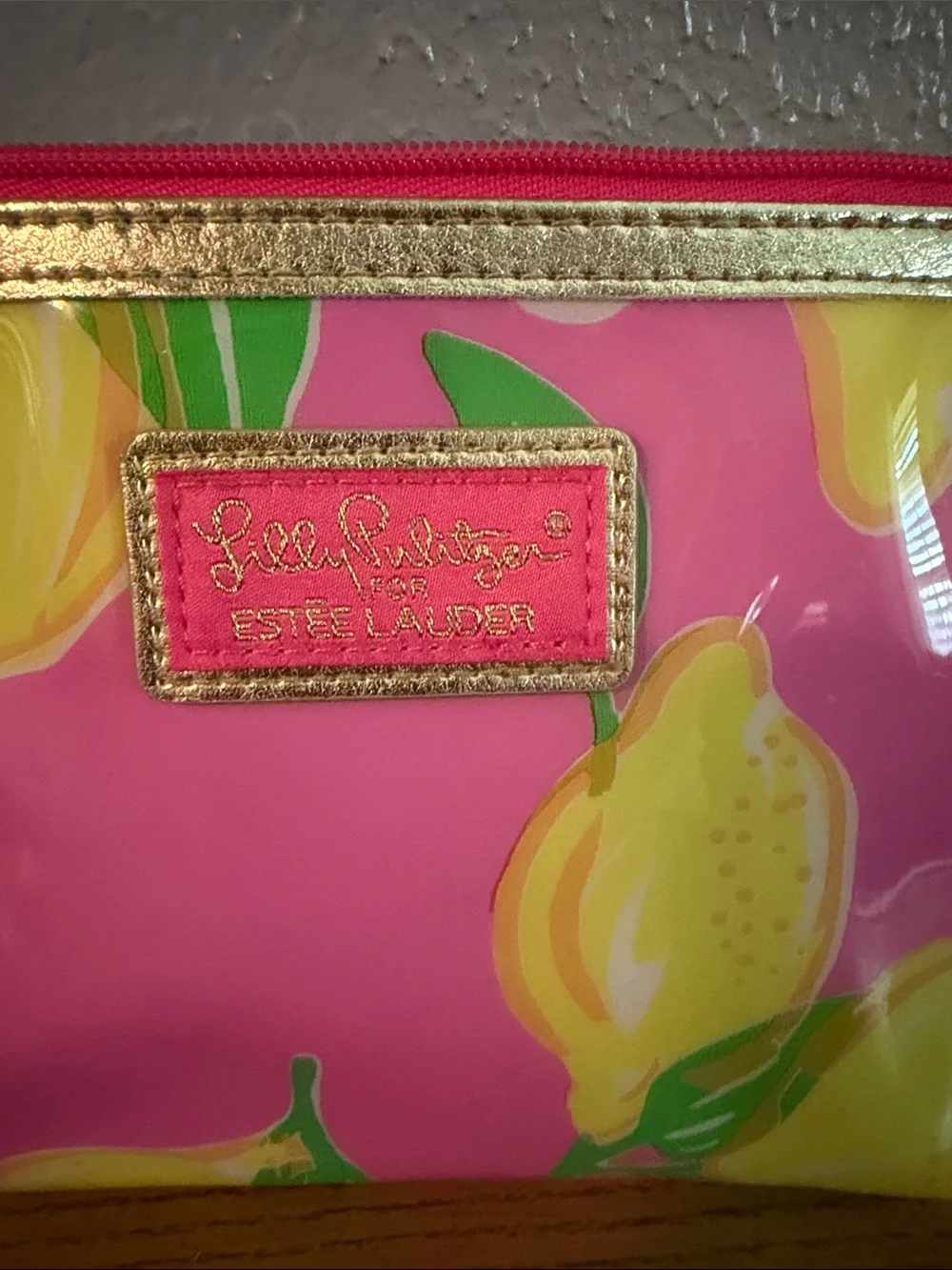 Lilly Pulitzer Pink Lemon Cosmetic Pouch with Gold Trim